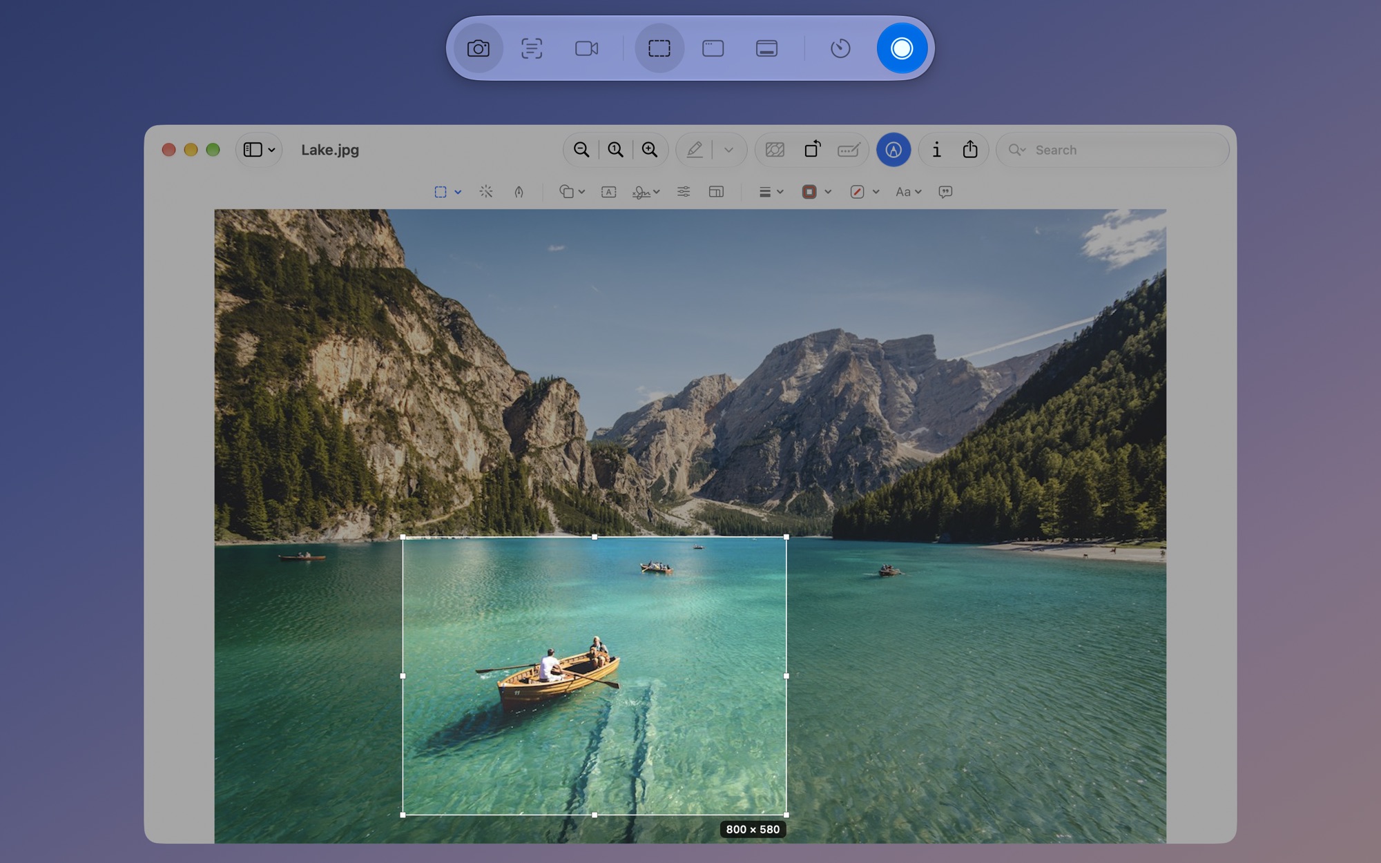 The Capturite capture screen: the boat in a lake photo open in Preview is selected, with the toolbar at the top of the screen